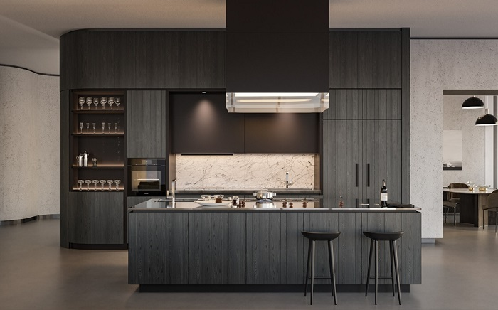 Tủ bếp màu xám đậm tôn thêm vẻ sang trọng cho mọi không gian bếp