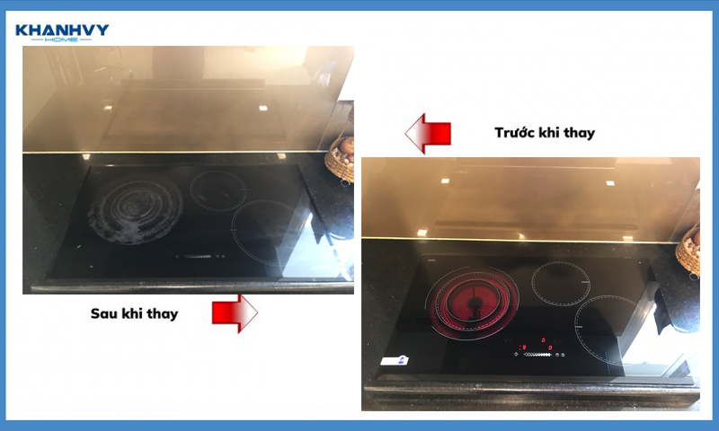 Hình ảnh trước và sau khi thay mặt kính của bếp điện từ Hafele