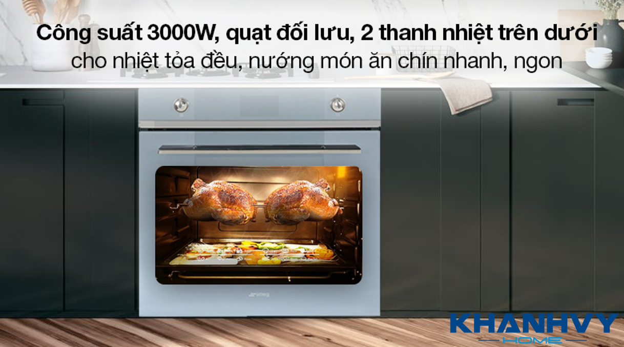 Lò nướng có công suất hoạt động mạnh mẽ 3000W, nướng đối lưu với 2 thanh nhiệt trên dưới giúp thức ăn chín đều