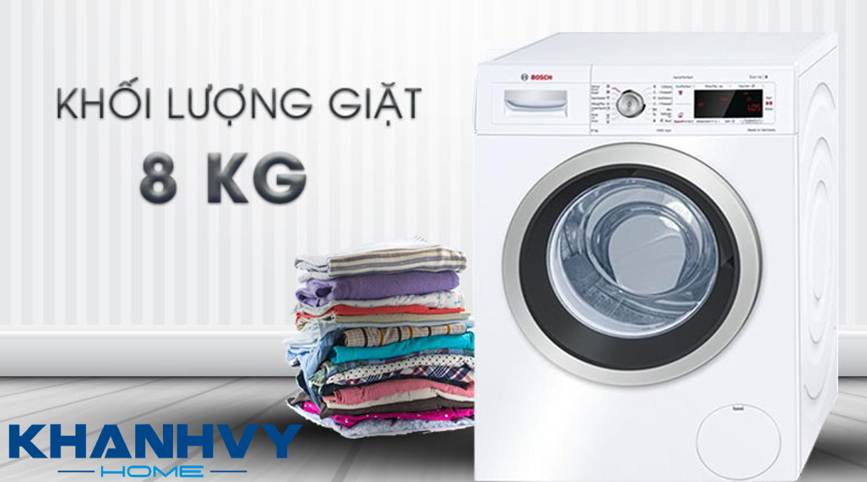 Với công suất 2300 W và dung tích thùng giặt 65 L, máy giặt Bosch TGB.WAW28480SG có thể giặt được lượng quần áo 8 kg