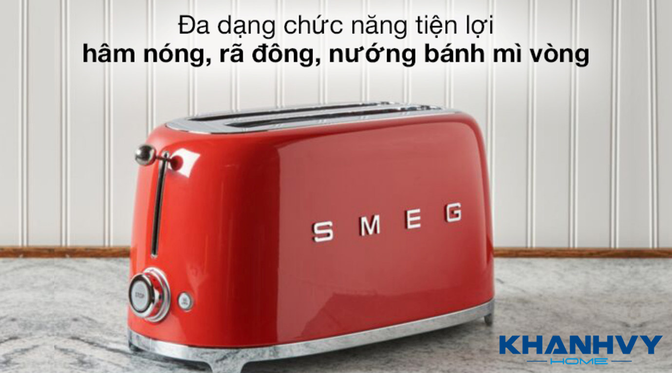 Máy nướng bánh mì SMEG TSF01RDEU 535.43.669 là chiếc máy đa chức năng, có thể hâm nóng, rã đông và nướng bánh mì rất tiện lợi