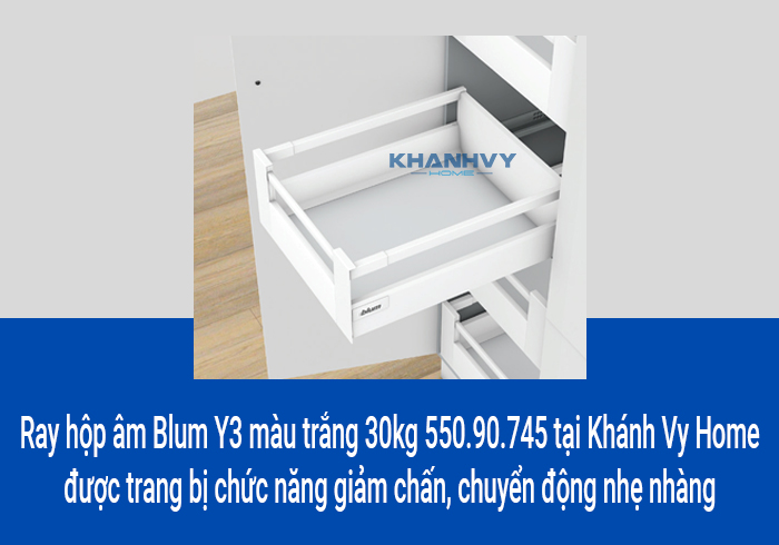  Ray hộp âm Blum Y3 màu trắng 30kg 550.90.745 tại Khánh Vy Home được trang bị chức năng giảm chấn, chuyển động nhẹ nhàng