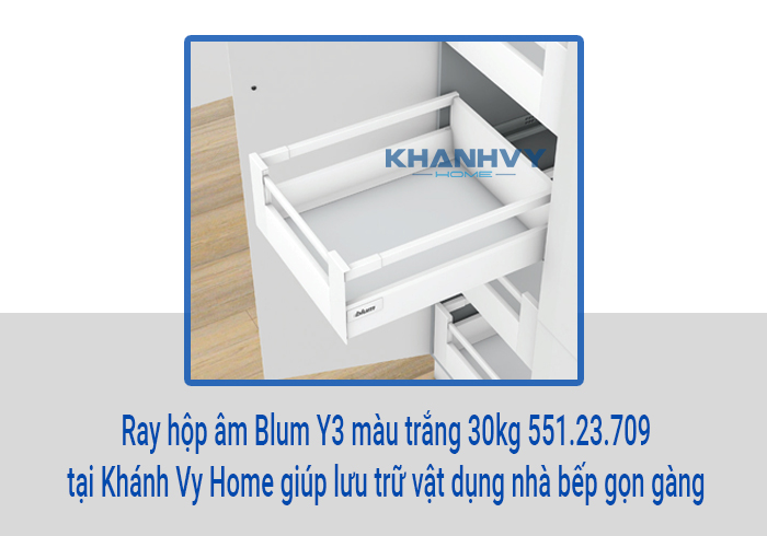  Ray hộp âm Blum Y3 màu trắng 30kg 551.23.709 tại Khánh Vy Home giúp lưu trữ vật dụng nhà bếp gọn gàng