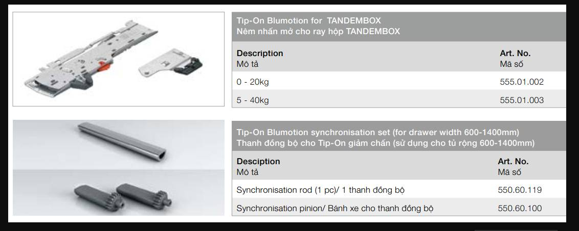  Các phụ kiện nhấn mở dùng cho ray hộp âm Blum Y3 màu trắng 30kg 551.23.709 tại Khánh Vy Home