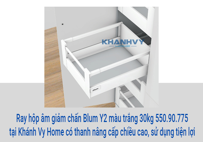  Ray hộp âm giảm chấn Blum Y2 màu trắng 30kg 550.90.775 tại Khánh Vy Home có thanh nâng cấp chiều cao, sử dụng tiện lợi