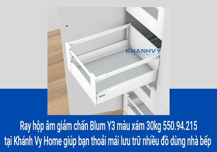  Ray hộp âm giảm chấn Blum Y3 màu xám 30kg 550.94.215 tại Khánh Vy Home giúp bạn thoải mái lưu trữ nhiều đồ dùng nhà bếp