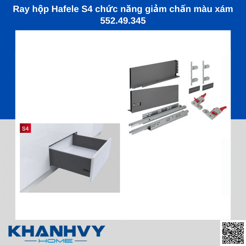 Ray hộp Hafele S4 chức năng giảm chấn màu xám 552.49.345 chính hãng tại Khánh Vy Home