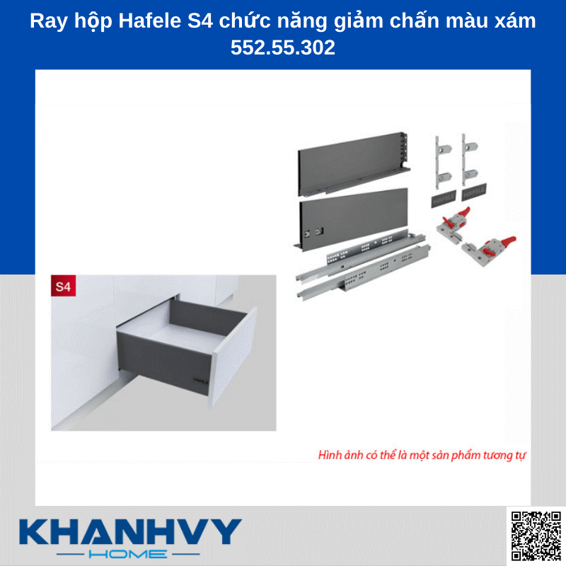 Ray hộp Hafele S4 chức năng giảm chấn màu xám 552.55.302 chính hãng tại Khánh Vy Home
