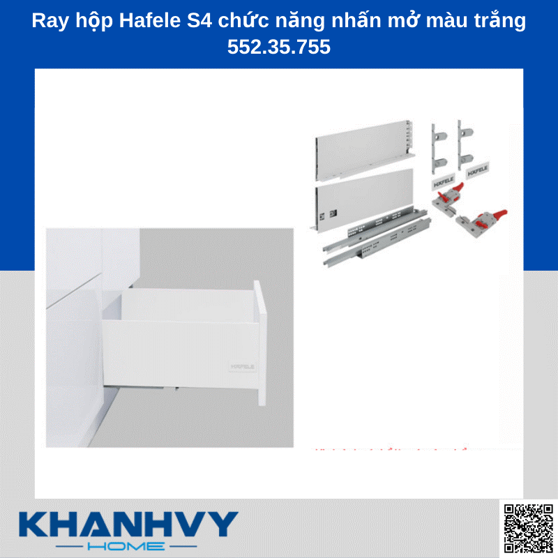 Ray hộp Hafele S4 chức năng nhấn mở màu trắng 552.35.755 chính hãng tại Khánh Vy Home