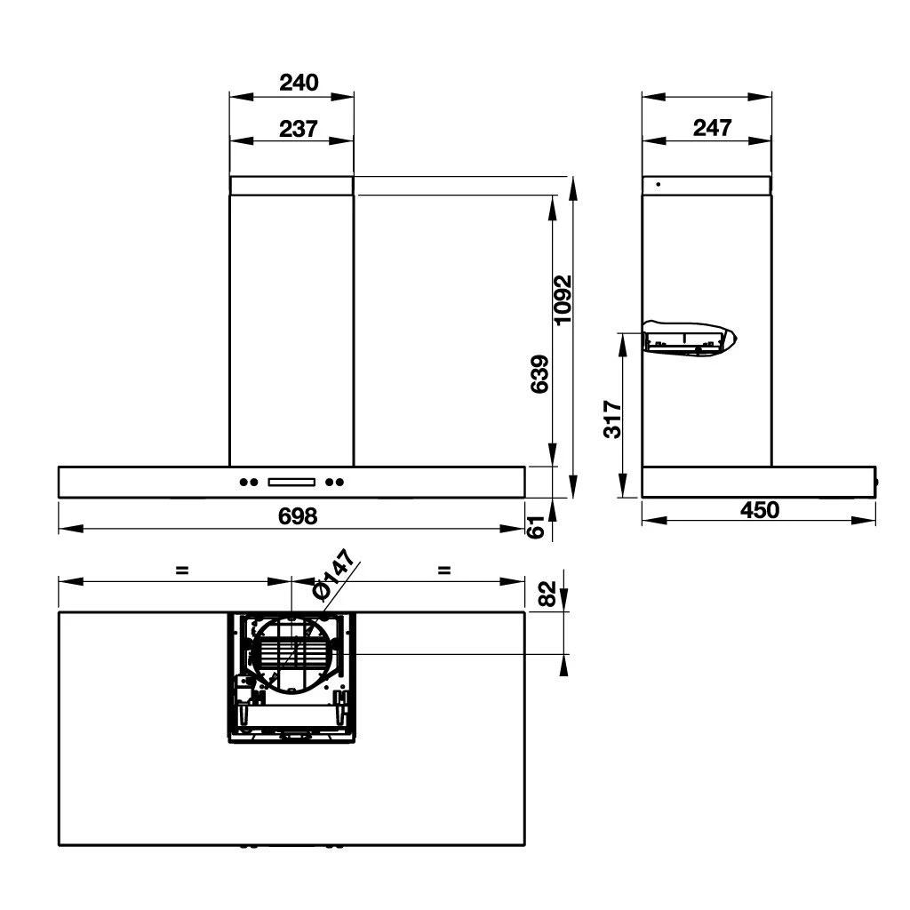 Hình ảnh bản vẽ kỹ thuật máy hút mùi gắn tường Hafele HH-WI70C 539.81.158