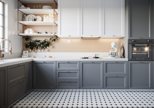 Thiết kế tủ bếp cao sát trần màu trắng xám hiện đại tối ưu không gian