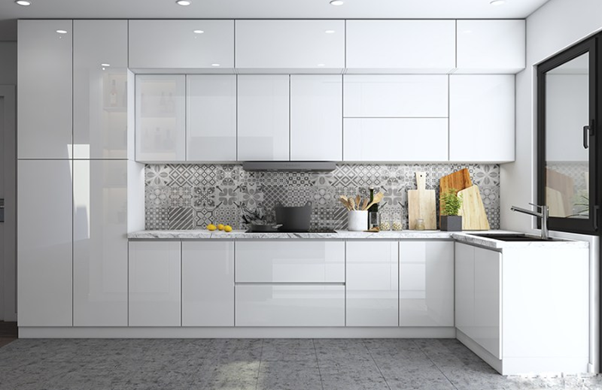 Tủ bếp màu trắng Acrylic bóng gương