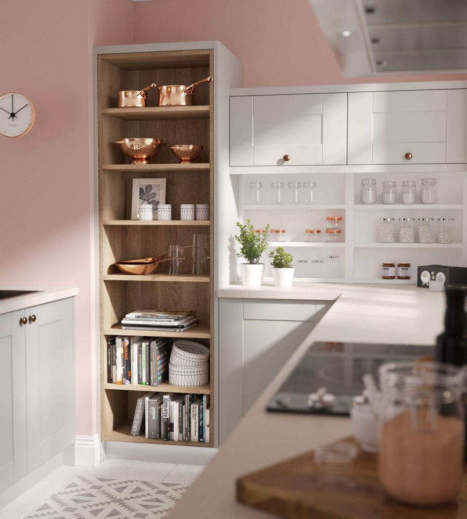 Thiết kế hệ tủ mở hoặc kính này thường được sử dụng trong các căn bếp chật hẹp nhằm mở rộng không gian, tăng cảm giác rộng rãi